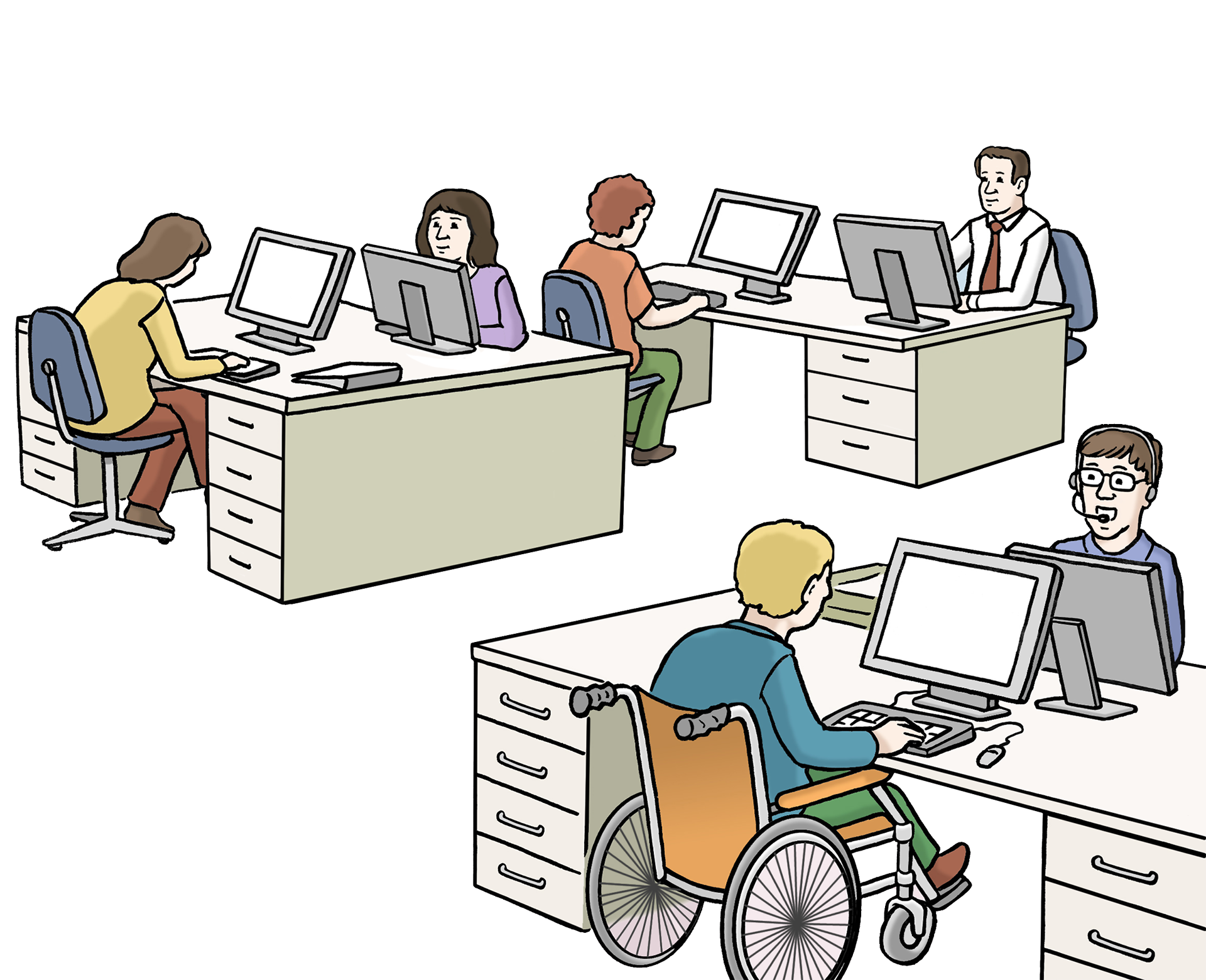 Bild zeigt ein Büro mit mehreren Schreibtischen und Menschen mit und ohne Behinderung