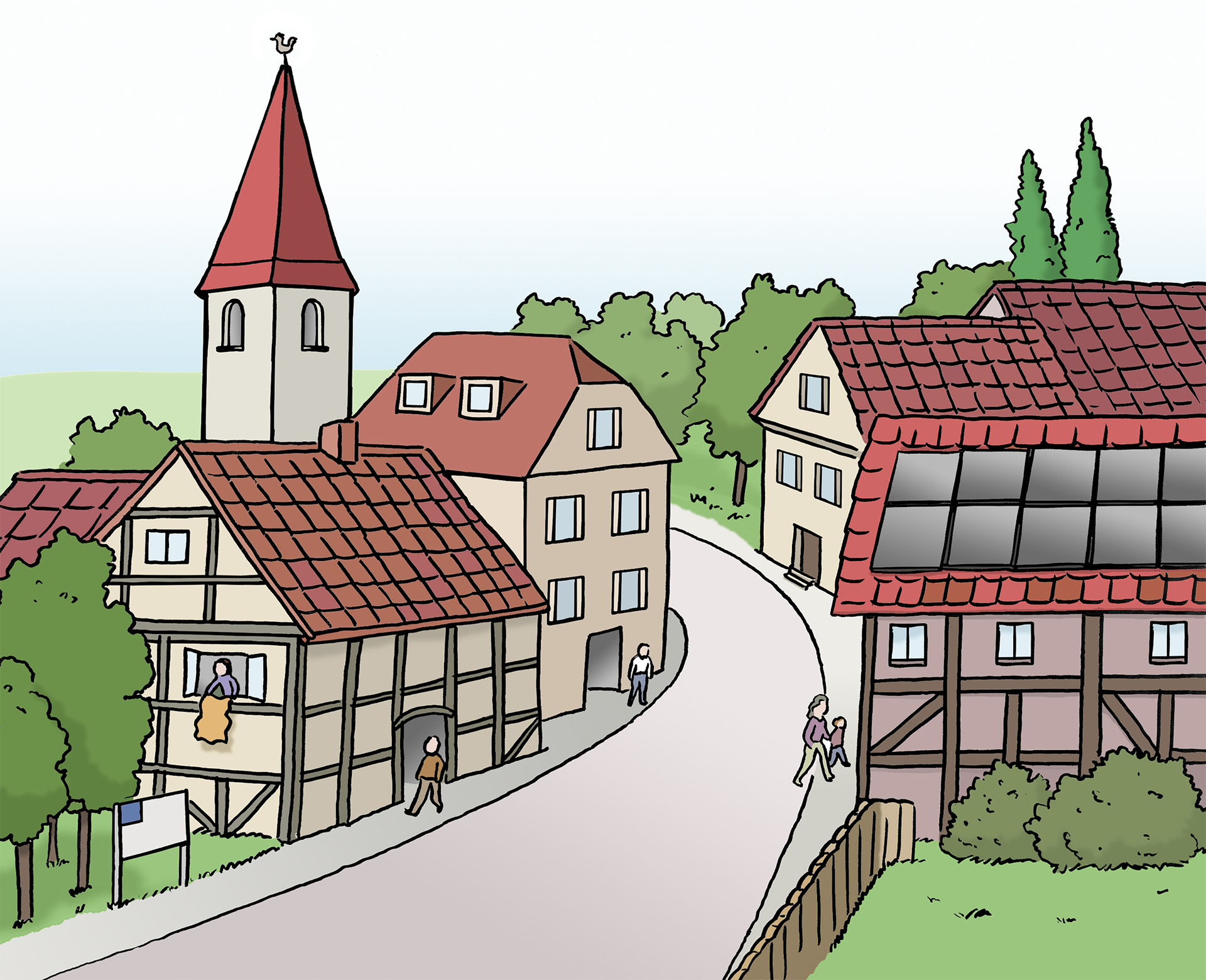 Bild zeigt ein Dorf mit Fachwerkhäusern und einem Kirchturm