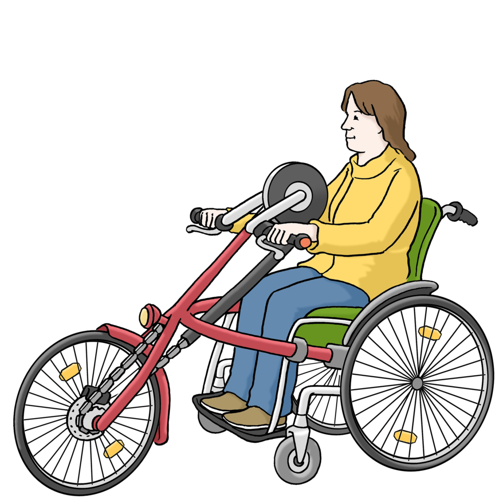 Bild zeigt eine Frau mit Behinderung auf einem Rollstuhl-Fahrrad