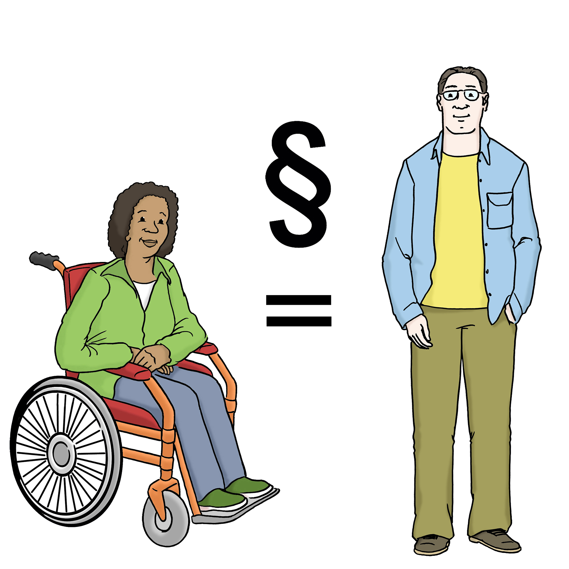 Bild zeigt eine Frau im Rollstuhl und einen stehenden Mann. Beide sind gleich-berechtigt