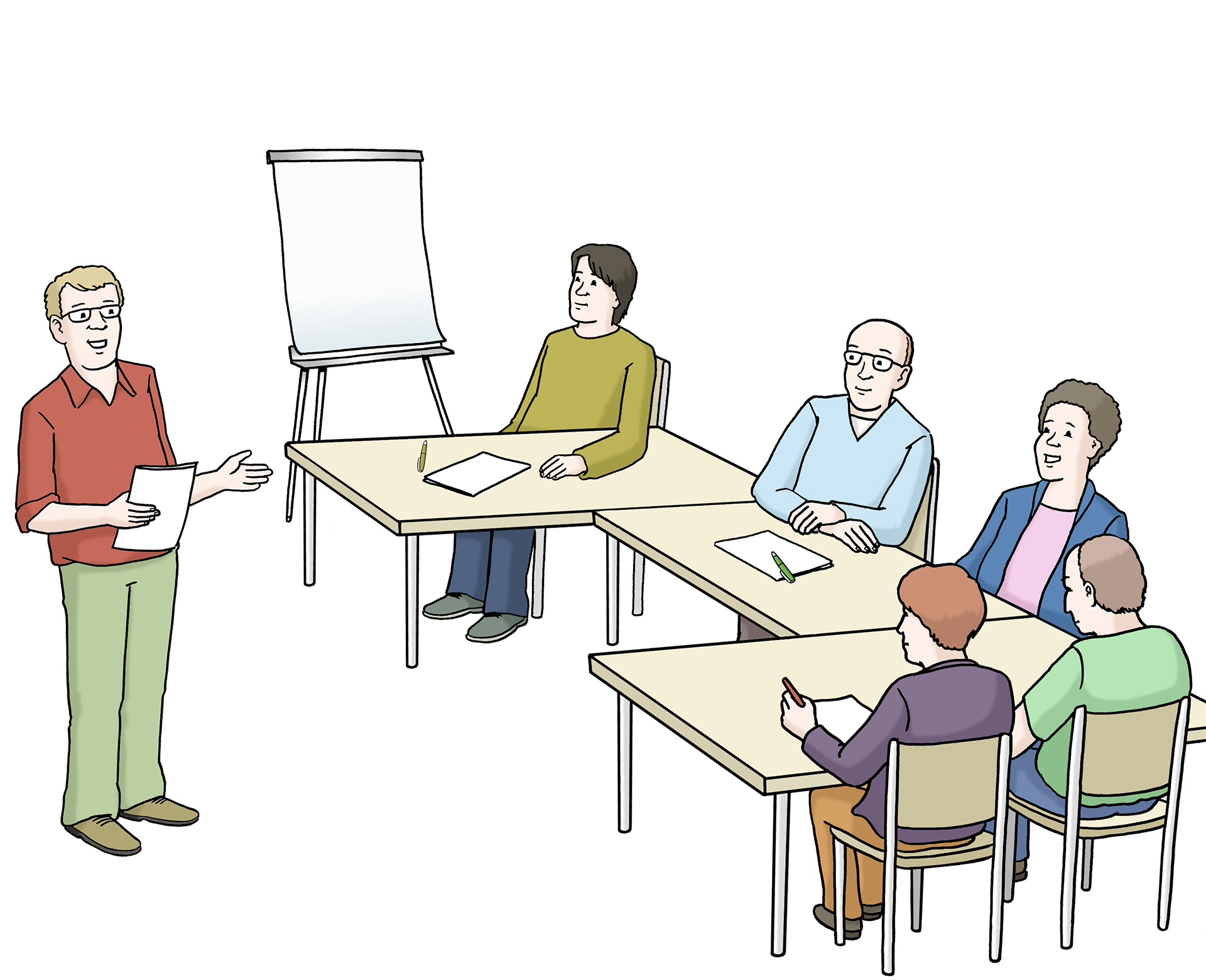 Bild zeigt eine Klasse mit Erwachsenen, einen Lehrer und ein Flip-Chart