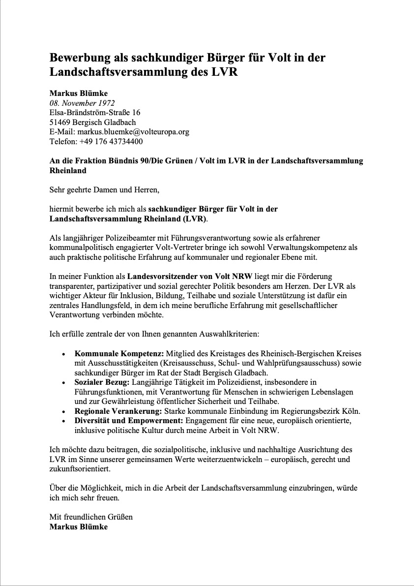 Interessensbekundung von Markus Blümke