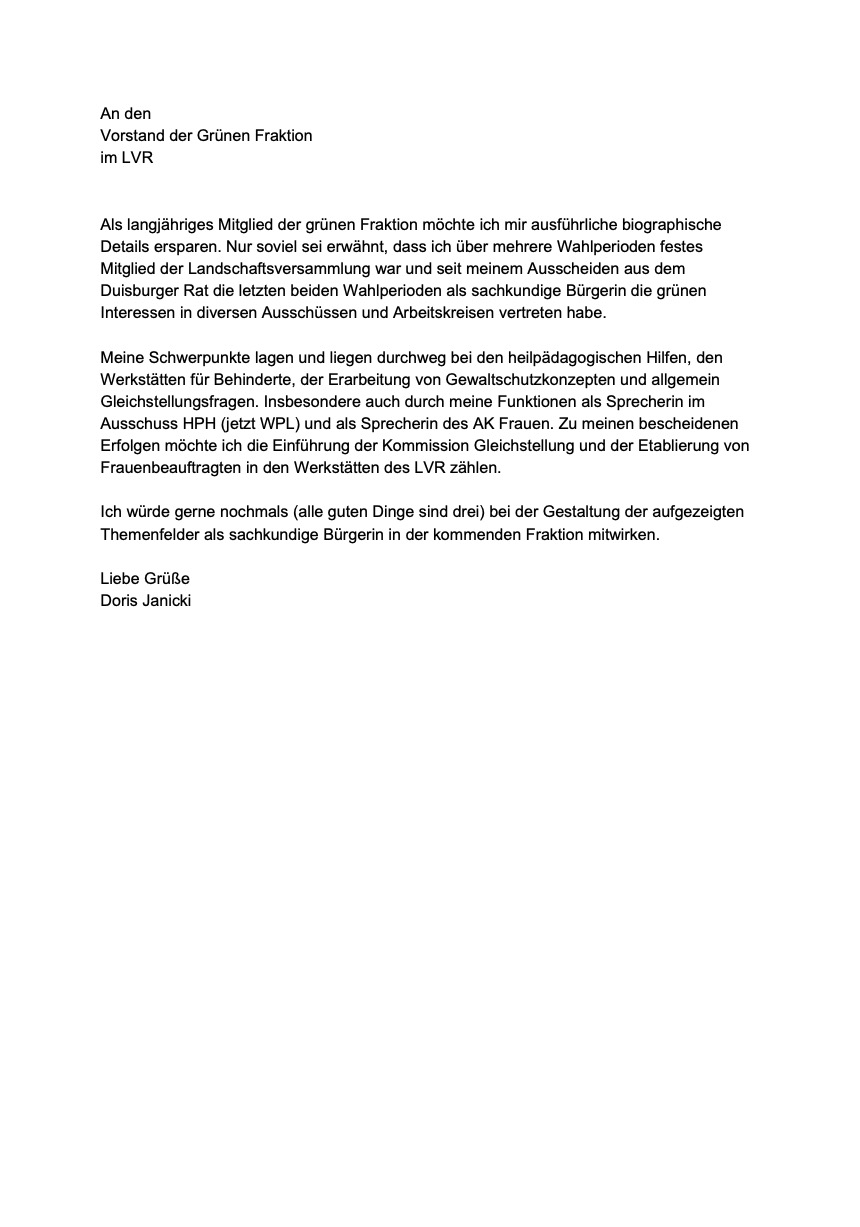 Interessensbekundung von Doris Janicki