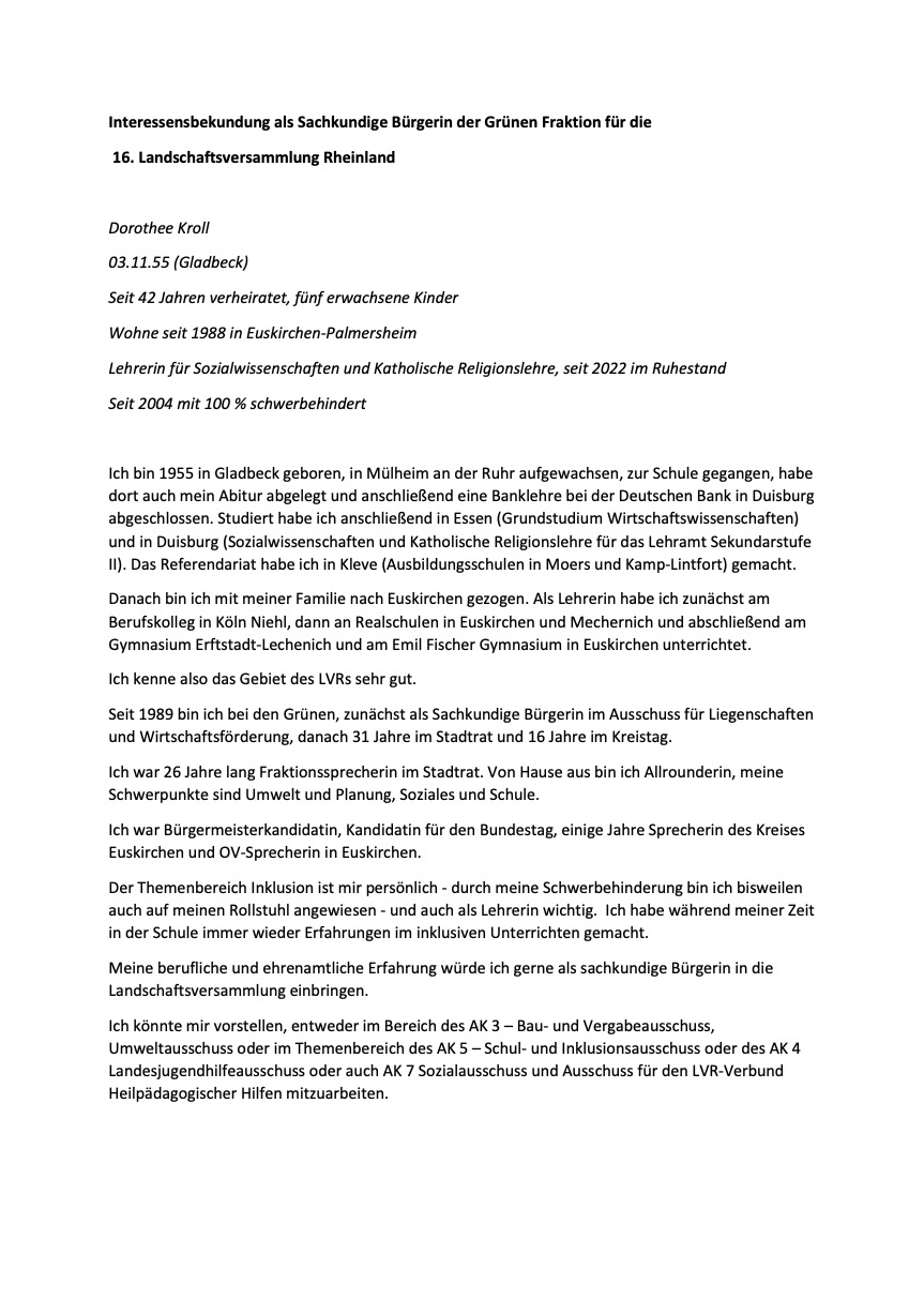 Interessensbekundung von Dorothee Kroll