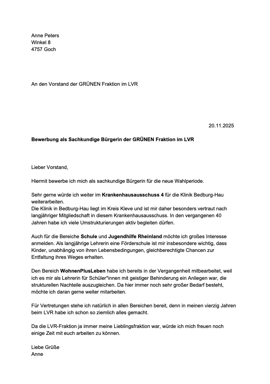 Interessensbekundung von Anne Peters