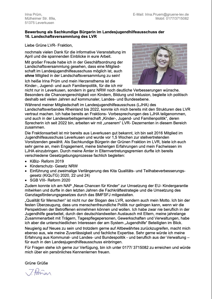 Interessensbekundung von Irina Prüm