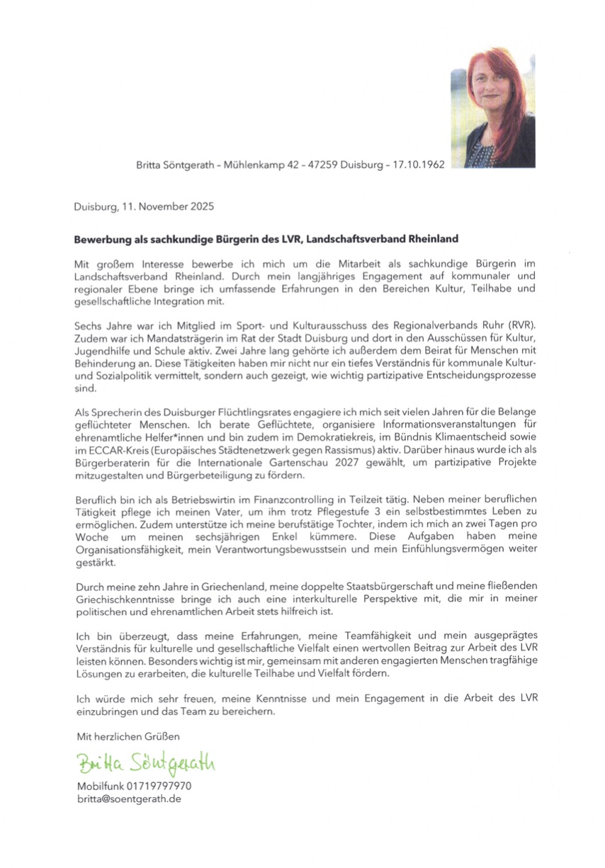 Interessensbekundung von Britta Söntgerath